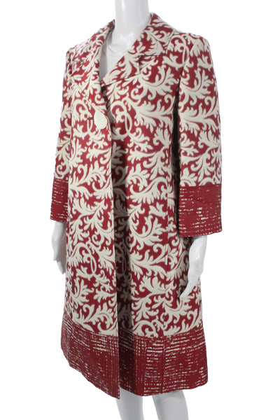Ellen Tracy Womens Brocade Print Coat Skirt Suit Red White Cotton Size 12/14