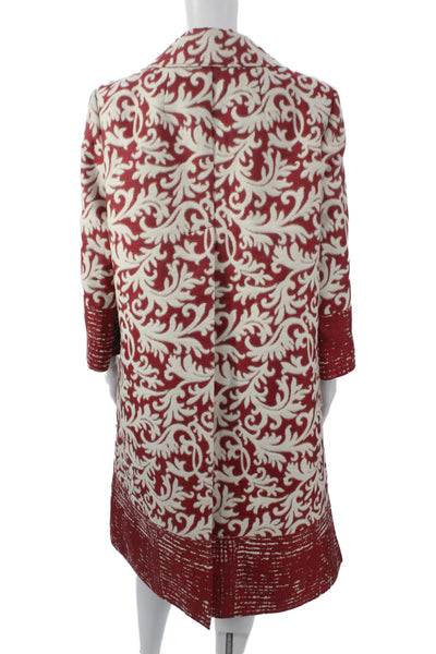 Ellen Tracy Womens Brocade Print Coat Skirt Suit Red White Cotton Size 12/14