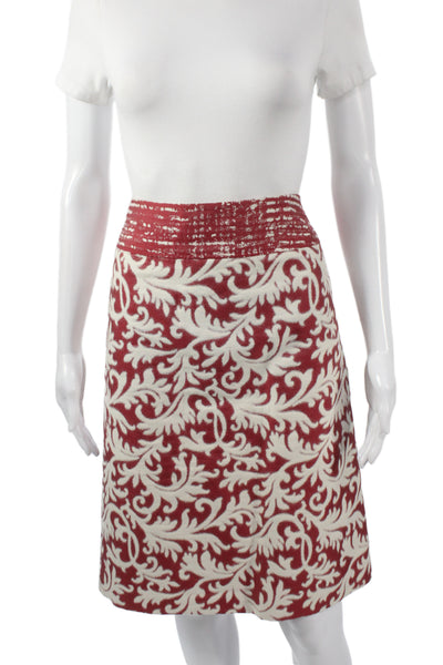 Ellen Tracy Womens Brocade Print Coat Skirt Suit Red White Cotton Size 12/14