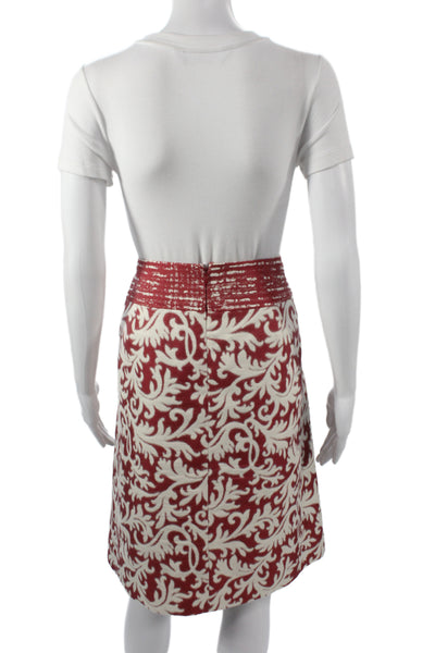 Ellen Tracy Womens Brocade Print Coat Skirt Suit Red White Cotton Size 12/14