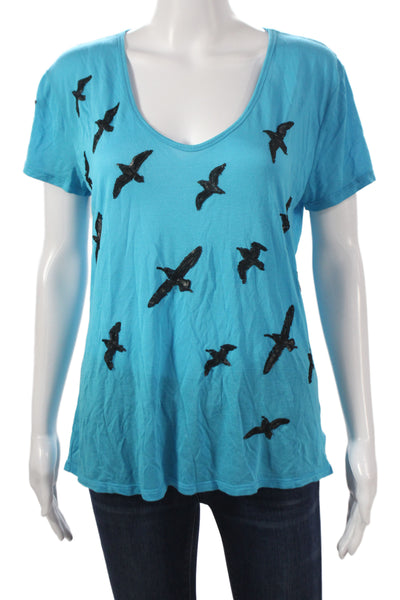 Tory Burch Womens Jersey Scoop Neck Short Sleeve T-Shirt Blue Birds Size S