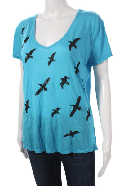 Tory Burch Womens Jersey Scoop Neck Short Sleeve T-Shirt Blue Birds Size S