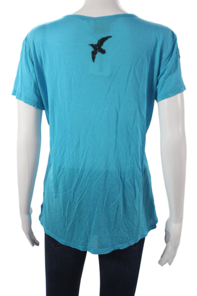 Tory Burch Womens Jersey Scoop Neck Short Sleeve T-Shirt Blue Birds Size S