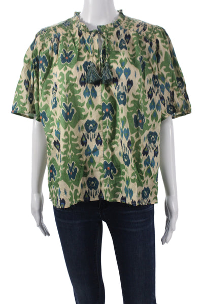 Calling June Women Bohemian Geometric Cotton Tunic Blouse Beige Tie Size L