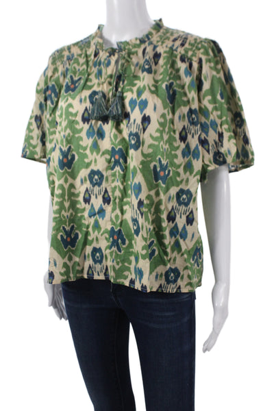 Calling June Women Bohemian Geometric Cotton Tunic Blouse Beige Tie Size L