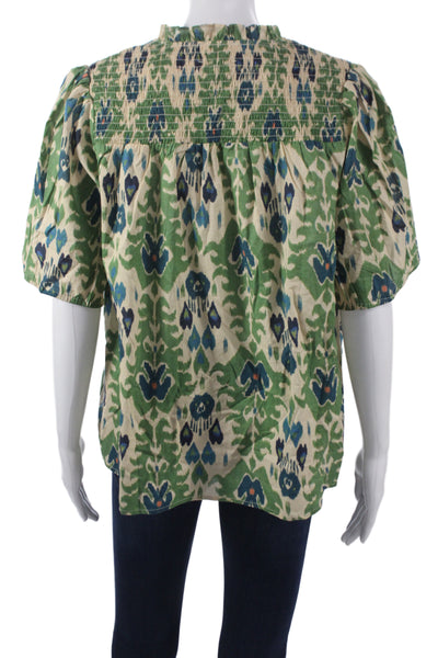 Calling June Women Bohemian Geometric Cotton Tunic Blouse Beige Tie Size L