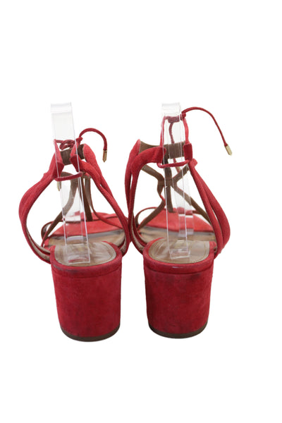Aquazzura Womens Suede  Austin Strappy Block Heel Sandals Red Size 10