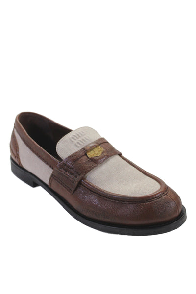 Miu Miu Women's Leather Penny Applique Panelled Loafers Brown Size 10.5