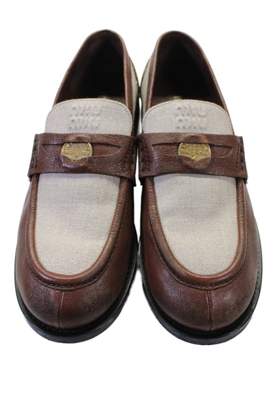 Miu Miu Women's Leather Penny Applique Panelled Loafers Brown Size 10.5