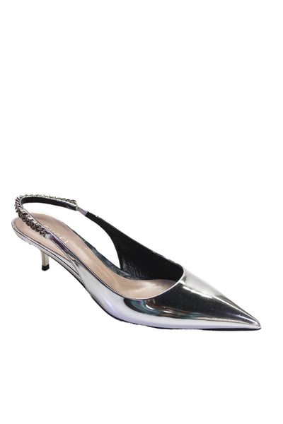 Gucci Women's Patent Leather Pointed  Signoria  Slingback Heels Silver Size 9.5