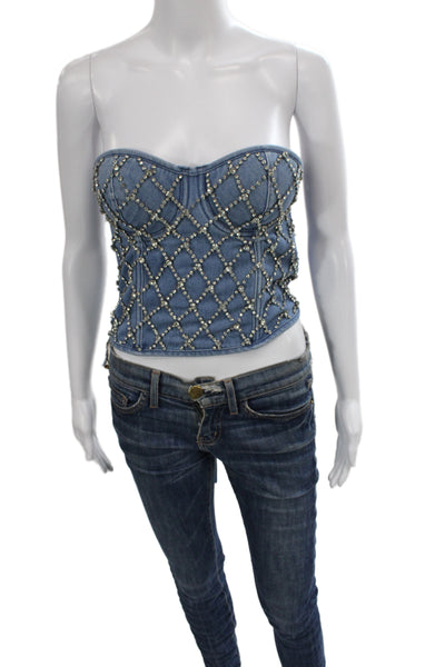 Designer Womens Cotton Denim Rhinestone Zipper Corset Blue Size s