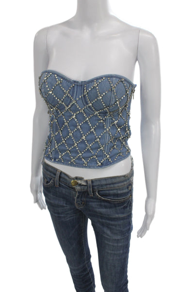 Designer Womens Cotton Denim Rhinestone Zipper Corset Blue Size s