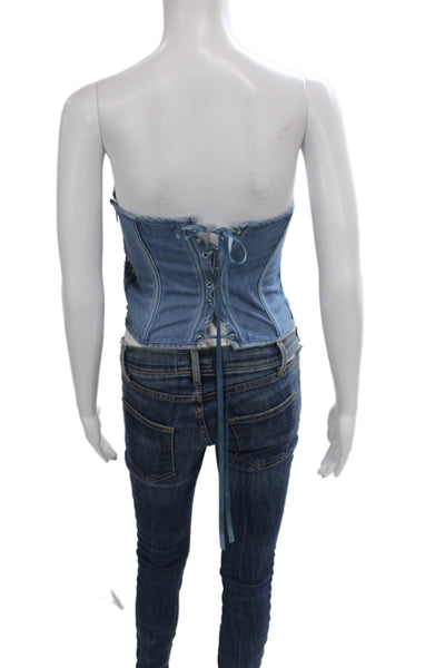 Designer Womens Cotton Denim Rhinestone Zipper Corset Blue Size s