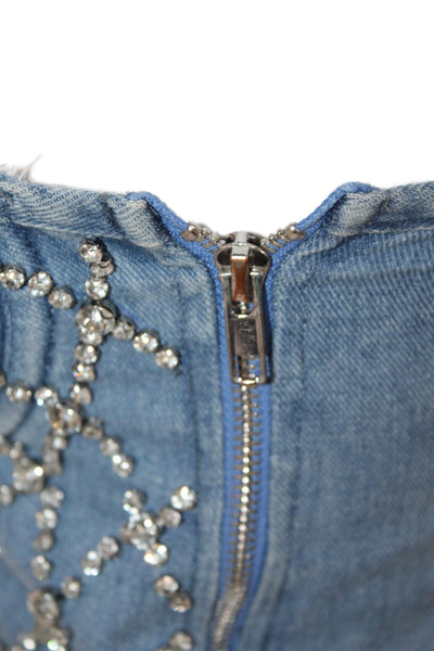 Designer Womens Cotton Denim Rhinestone Zipper Corset Blue Size s