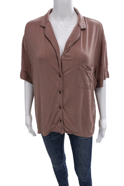 Naadam Womens Basic Button Up Collared Short Sleeve Modal Brown Size M