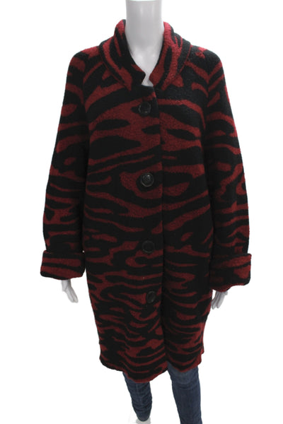 Rabens Saloner Women Black Animal Print Overcoat Button Long Sleeve Size S