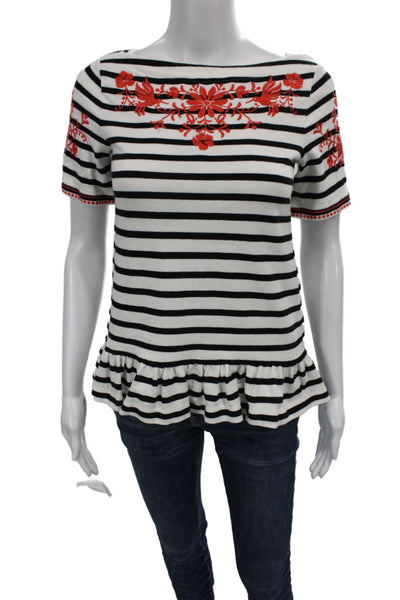 Kate Spade New York Womens Jersey Boatneck Striped Floral Tee Black Size 2XS