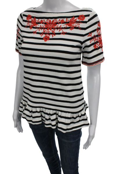 Kate Spade New York Womens Jersey Boatneck Striped Floral Tee Black Size 2XS