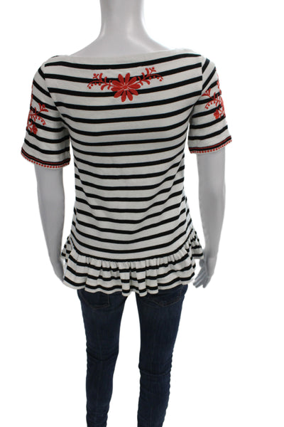Kate Spade New York Womens Jersey Boatneck Striped Floral Tee Black Size 2XS