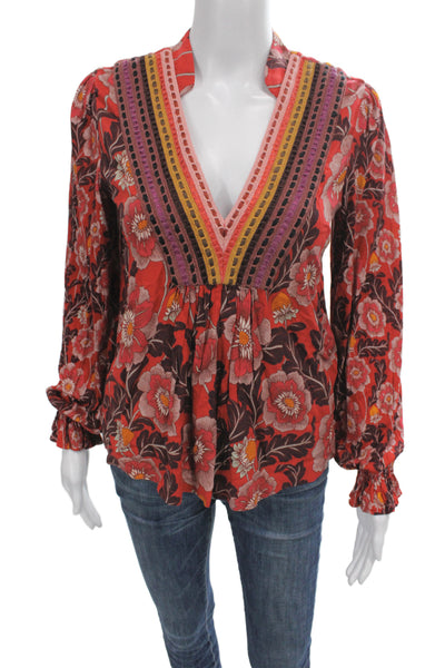 Anthropologie Womens Boho V-Neck Floral Tunic Blouse Red Long Sleeve Size 2XS