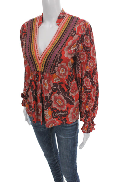 Anthropologie Womens Boho V-Neck Floral Tunic Blouse Red Long Sleeve Size 2XS