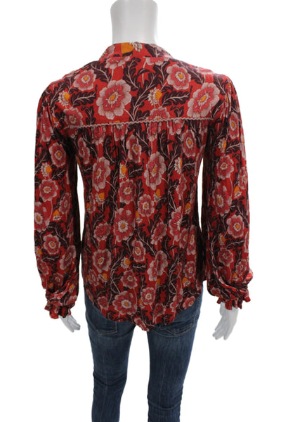 Anthropologie Womens Boho V-Neck Floral Tunic Blouse Red Long Sleeve Size 2XS