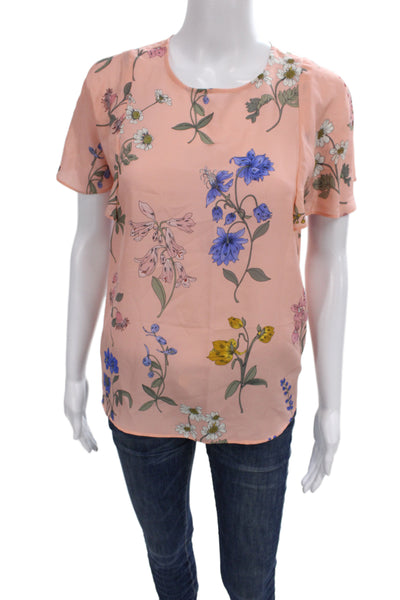 J Crew Women Pink Floral Silk Short Sleeve Round Neck Basic Blouse Size 2XS