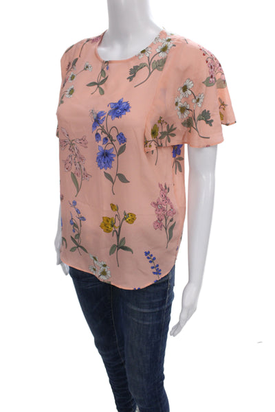 J Crew Women Pink Floral Silk Short Sleeve Round Neck Basic Blouse Size 2XS