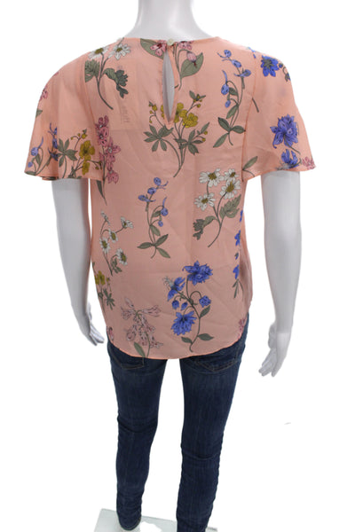 J Crew Women Pink Floral Silk Short Sleeve Round Neck Basic Blouse Size 2XS
