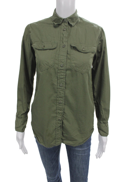 J Crew Women Basic Collared Button-Up Shirt Long Sleeve Green Cotton Size 2XS