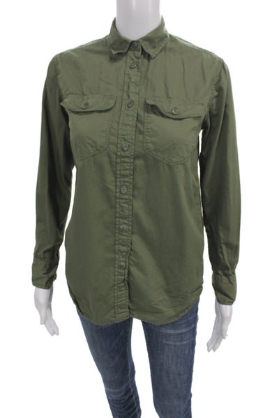 J Crew Women Basic Collared Button-Up Shirt Long Sleeve Green Cotton Size 2XS