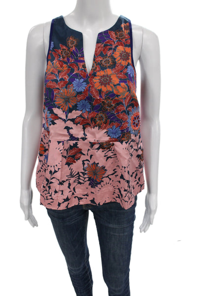 HD In Paris Women Blue Floral V-Neck Camisole Zip Sleeveless Viscose Size 0