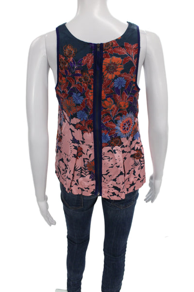 HD In Paris Women Blue Floral V-Neck Camisole Zip Sleeveless Viscose Size 0