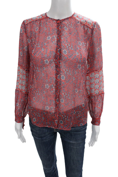 Rebecca Taylor Women Silk Tunic Red Floral Button Long Sleeve Round Neck Size 0