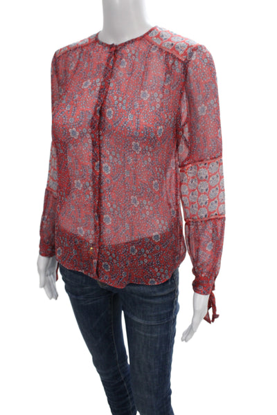 Rebecca Taylor Women Silk Tunic Red Floral Button Long Sleeve Round Neck Size 0