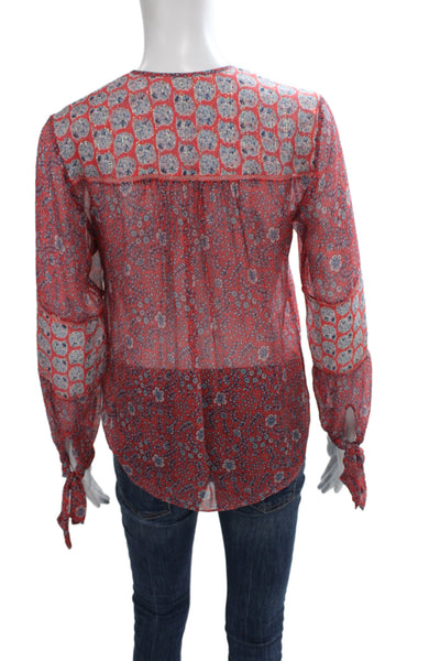 Rebecca Taylor Women Silk Tunic Red Floral Button Long Sleeve Round Neck Size 0
