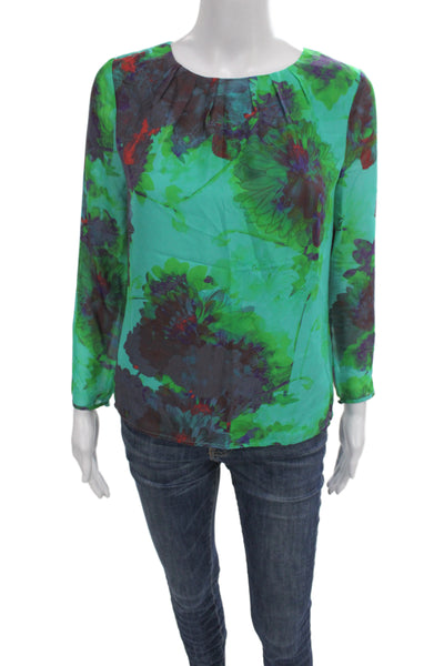 J Crew Women Green Floral Silk Long Sleeve Basic Blouse Round Neck Size 0