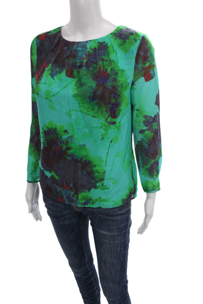 J Crew Women Green Floral Silk Long Sleeve Basic Blouse Round Neck Size 0