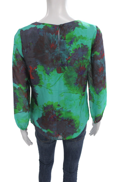 J Crew Women Green Floral Silk Long Sleeve Basic Blouse Round Neck Size 0