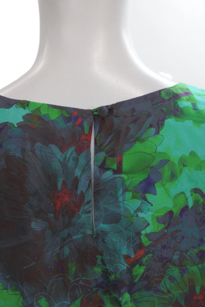 J Crew Women Green Floral Silk Long Sleeve Basic Blouse Round Neck Size 0