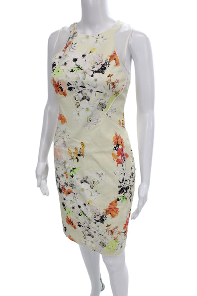 Club Monaco Women Sheath Dress Beige Floral Sleeveless Neck Zip Short Size 0