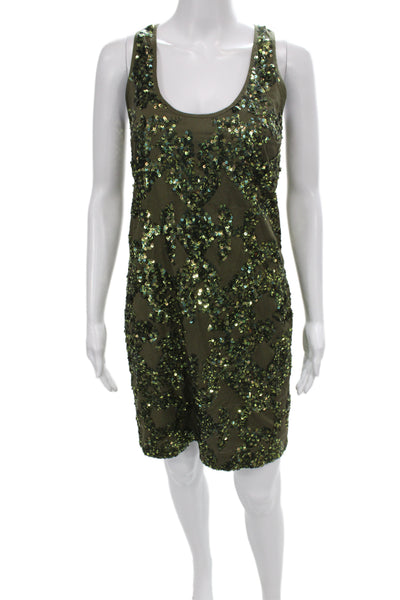 J Crew Women Tank Dress Green Geometric Cotton Sequin Size 00