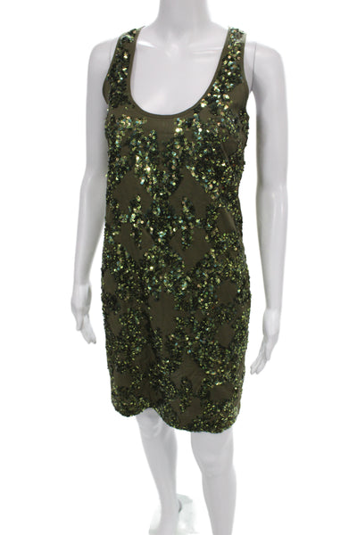 J Crew Women Tank Dress Green Geometric Cotton Sequin Size 00