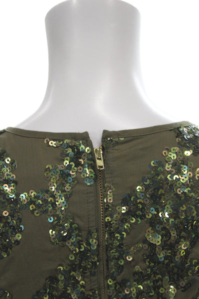 J Crew Women Tank Dress Green Geometric Cotton Sequin Size 00