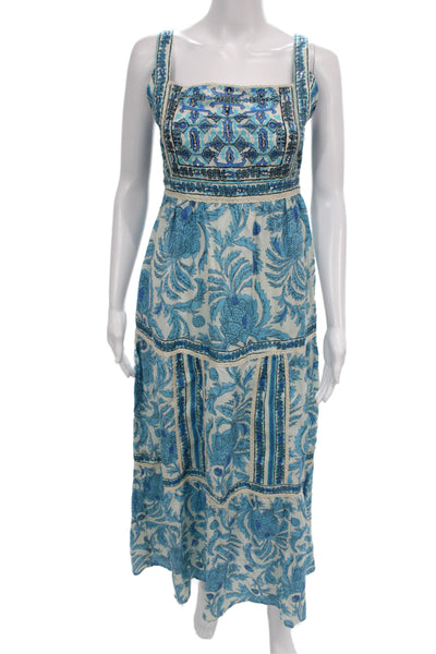 Joie Women Maxi Dress Blue Floral Cotton Square Neck Sleeveless Bohemian Size 2