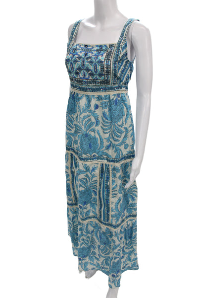 Joie Women Maxi Dress Blue Floral Cotton Square Neck Sleeveless Bohemian Size 2