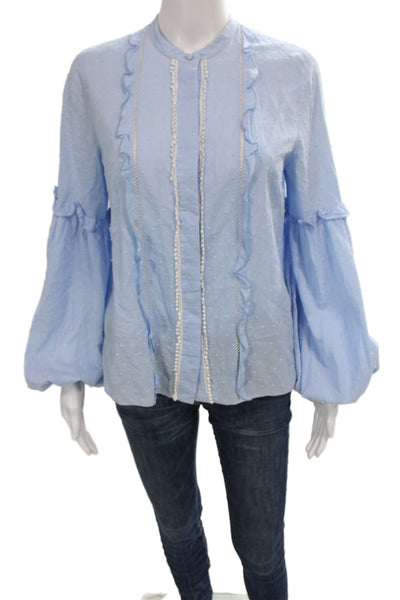 Alexis Womens Tunic Blue Polka Dot High Neck Long Sleeve Cotton Size S