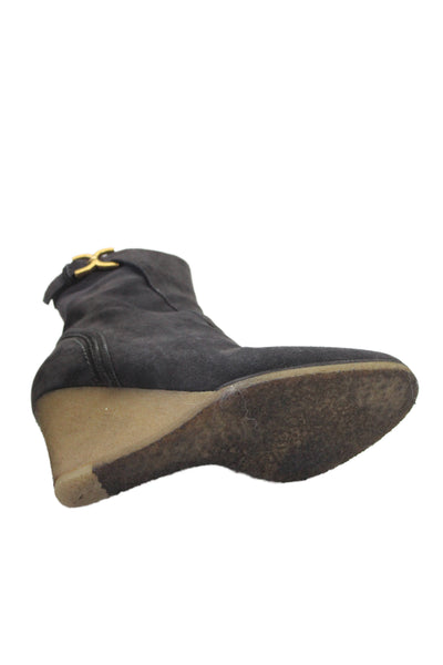 Chloe Womens Suede Belted Wedge Heel Ankle Boots Grey Sid 37.5 7.5