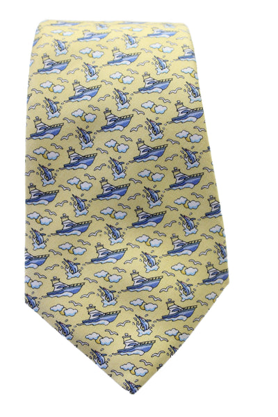 Vineyard Vines Mens Silk Novelty Boat Print Necktie Yellow Blue