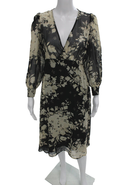 Zara Womens Wrap Dress Black Floral V Neck Long Sleeve Midi Polyester Size M